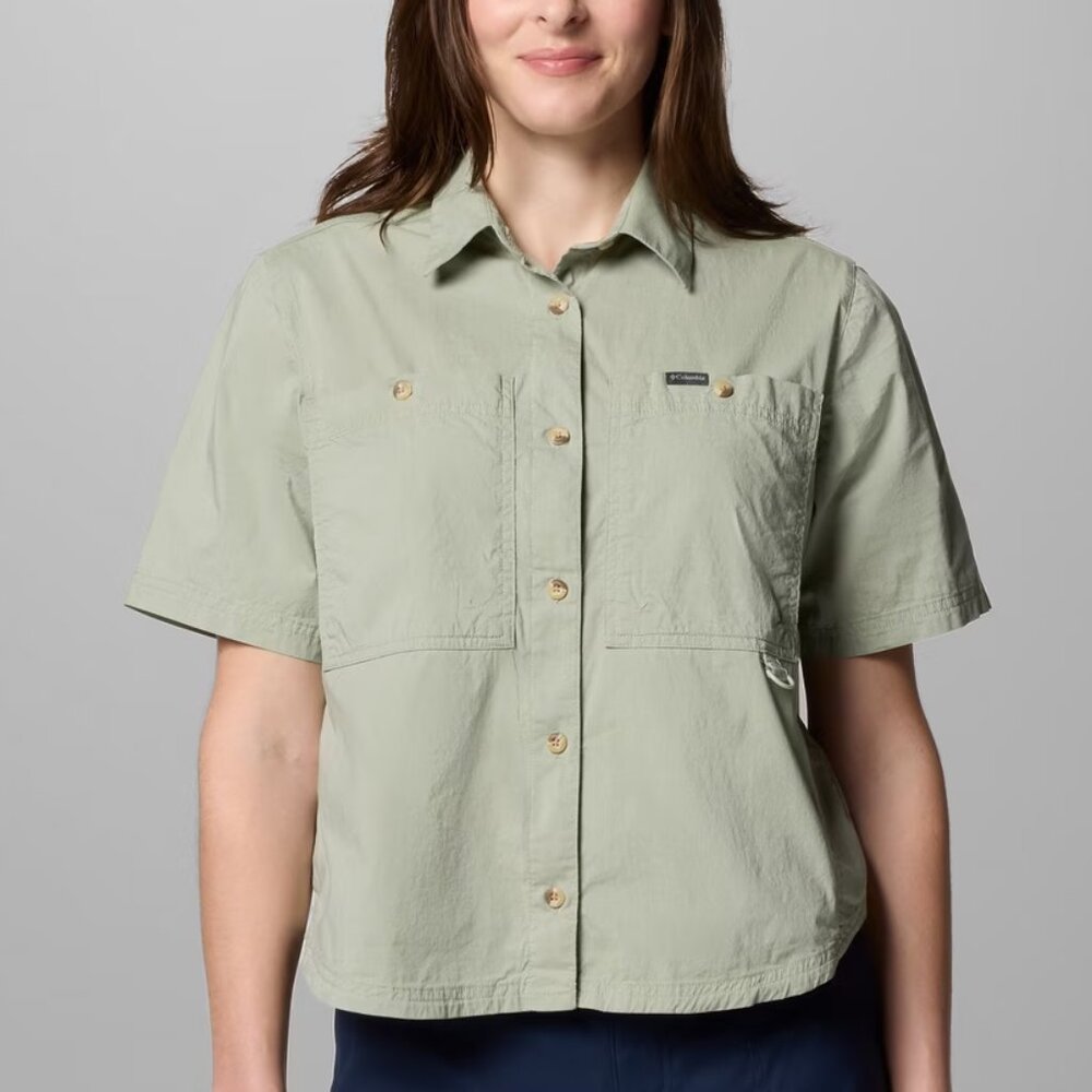NEW Columbia Brea Falls Short Sleeve Woven Crop Mesh Vented Yoke Back Shirt Top